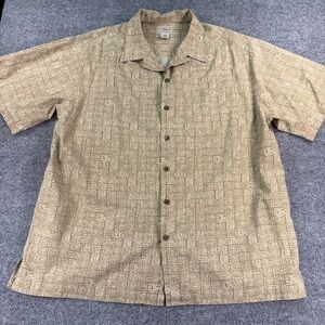 LL Bean Shirt Mens L Reg Brown Tropical Tiki Hawaiian Aztec Tribal